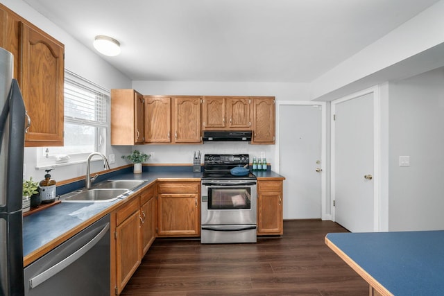 kitchen with dark wood-style flooring, brown cabinets, appliances with stainless steel finishes, a sink, and extractor fan