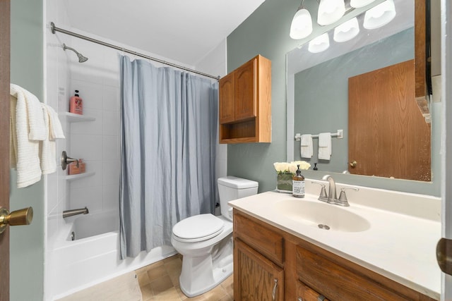 bathroom with tile patterned floors, vanity, toilet, and shower / bathtub combination with curtain