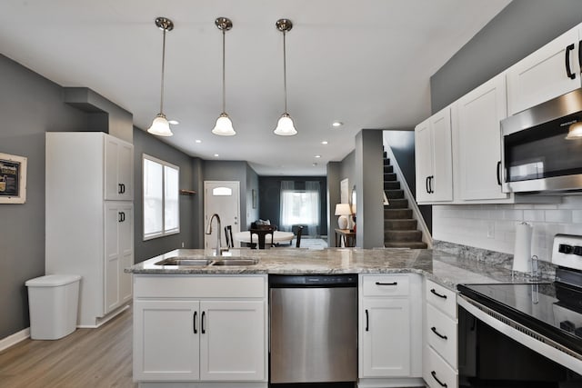 kitchen with stainless steel appliances, white cabinets, a sink, and a peninsula