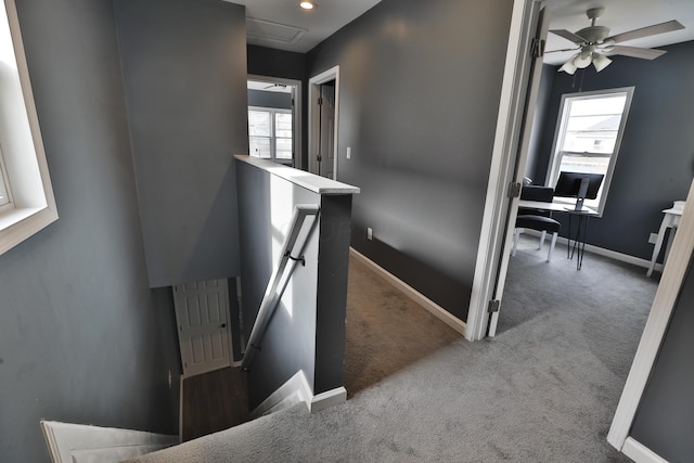 stairs with a wealth of natural light, carpet, and baseboards