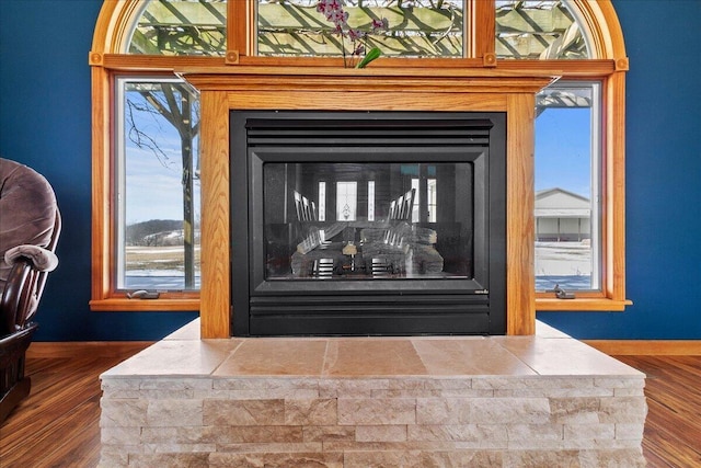 room details with a fireplace with raised hearth, wood finished floors, and baseboards