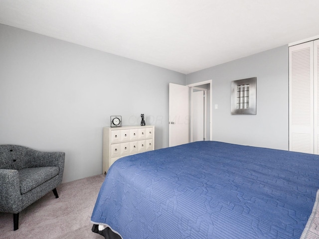 bedroom featuring a closet and light colored carpet