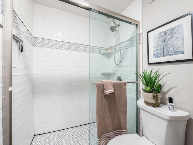 full bathroom featuring toilet and a shower stall