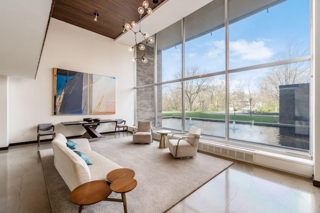 building lobby featuring a water view