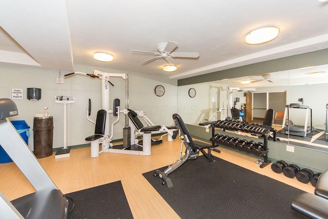 workout area with ceiling fan