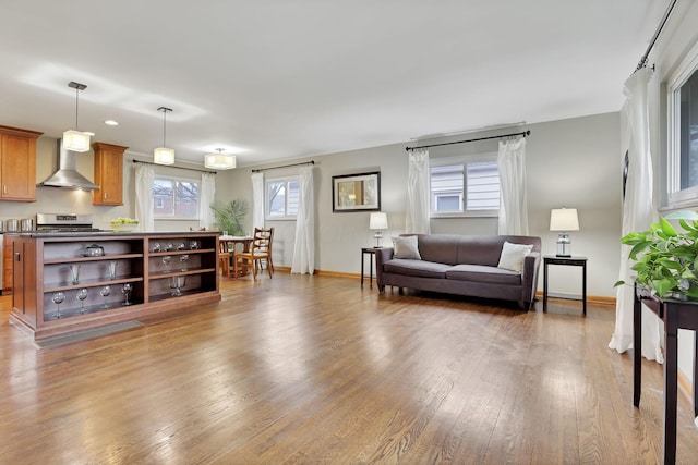 living room featuring baseboards and light wood finished floors