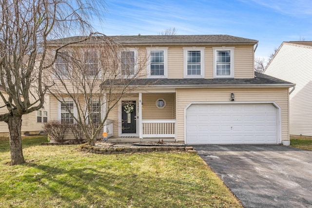 view of front of property with a garage, aphalt driveway, a porch, and a front lawn