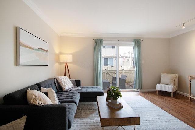 living area featuring track lighting, crown molding, baseboards, and wood finished floors