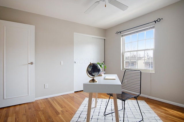 office featuring light wood-style floors, ceiling fan, and baseboards