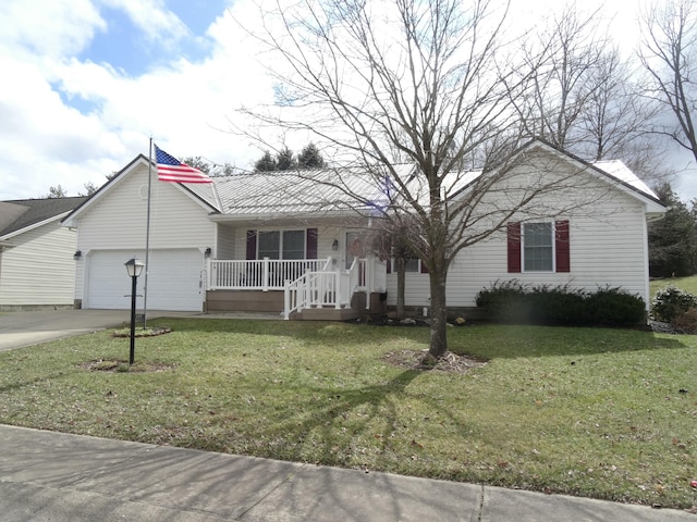 ranch-style home with a garage, covered porch, driveway, and a front lawn