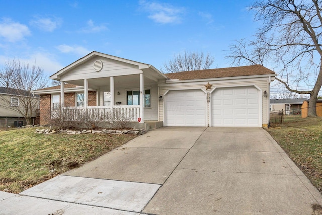 ranch-style house featuring concrete driveway, an attached garage, covered porch, fence, and brick siding