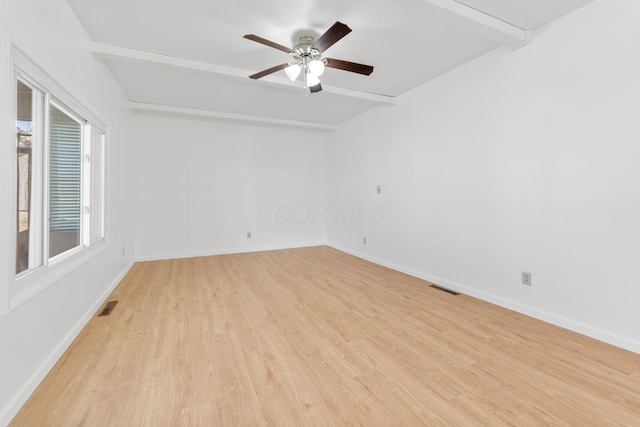 empty room with baseboards, visible vents, beamed ceiling, and light wood finished floors