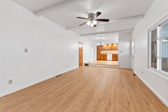 unfurnished living room with beam ceiling, visible vents, light wood finished floors, and baseboards