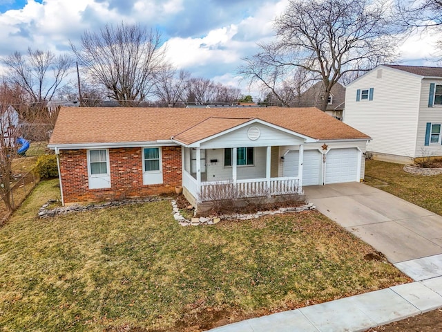 ranch-style house featuring driveway, brick siding, a porch, and a front yard