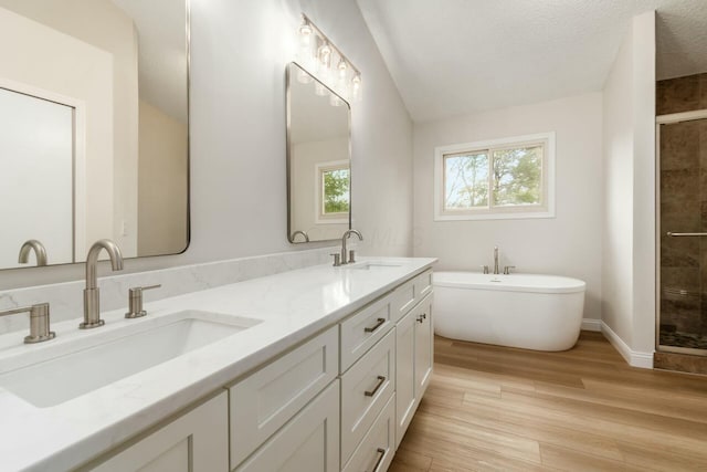 full bathroom with wood finished floors, a stall shower, and a sink