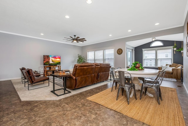 living room featuring recessed lighting, crown molding, baseboards, and ceiling fan