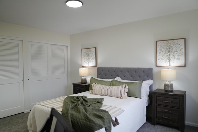 bedroom featuring dark colored carpet and a closet