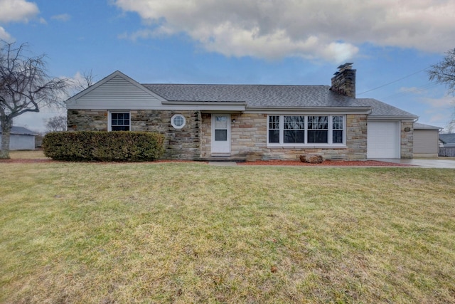 ranch-style home with concrete driveway, an attached garage, a chimney, and a front lawn