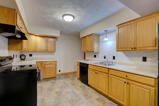 kitchen featuring baseboards, under cabinet range hood, light countertops, black appliances, and a sink