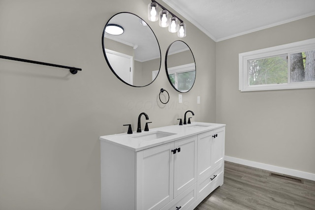 bathroom featuring ornamental molding, a sink, visible vents, and baseboards