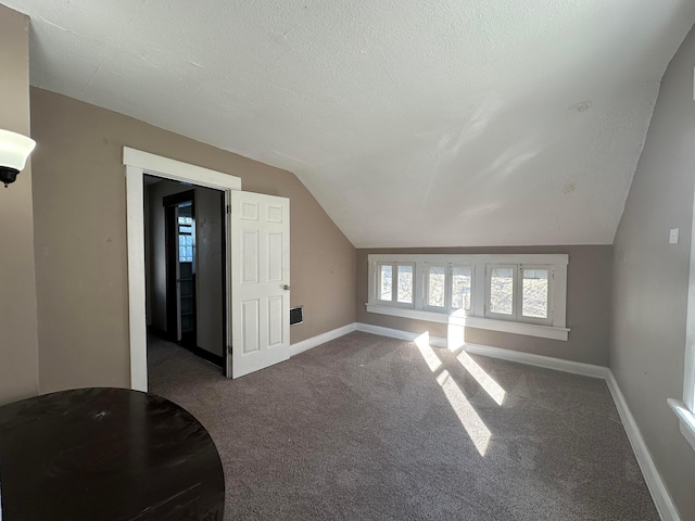 additional living space with lofted ceiling, baseboards, a textured ceiling, and carpet flooring