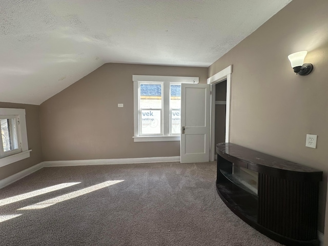 additional living space featuring a textured ceiling, carpet floors, lofted ceiling, and baseboards