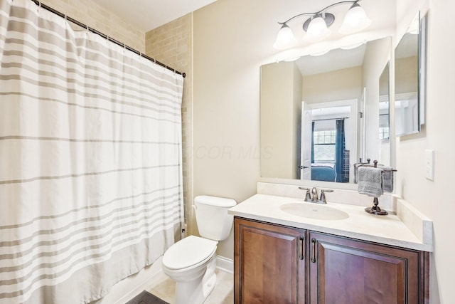 ensuite bathroom with toilet, shower / tub combo, ensuite bath, and vanity