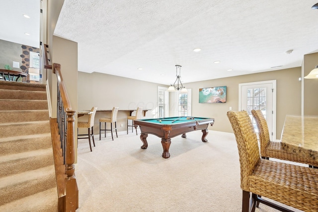 playroom featuring recessed lighting, a textured ceiling, carpet flooring, and pool table