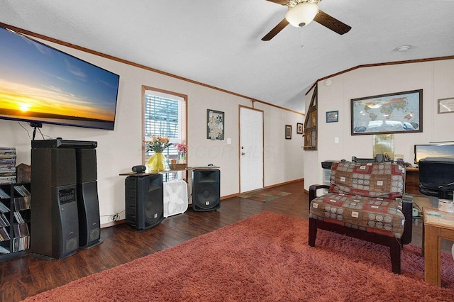 carpeted living room with vaulted ceiling, ornamental molding, and wood finished floors