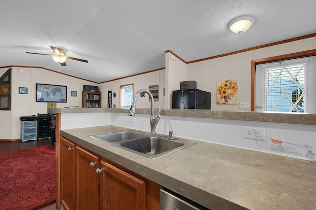 kitchen featuring ornamental molding, brown cabinetry, vaulted ceiling, a sink, and a textured ceiling