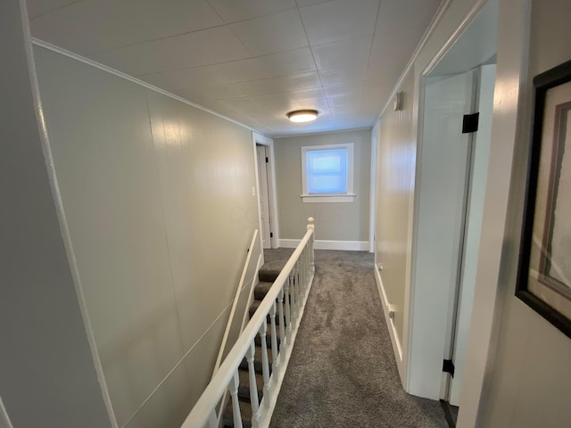 hall with crown molding, carpet flooring, and an upstairs landing