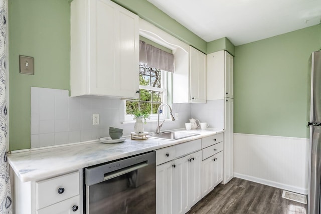 3093 Hamilton Ave, Columbus, OH 43224 - kitchen with wainscoting, white cabinets, a sink, dark wood finished floors, and appliances with stainless steel finishes