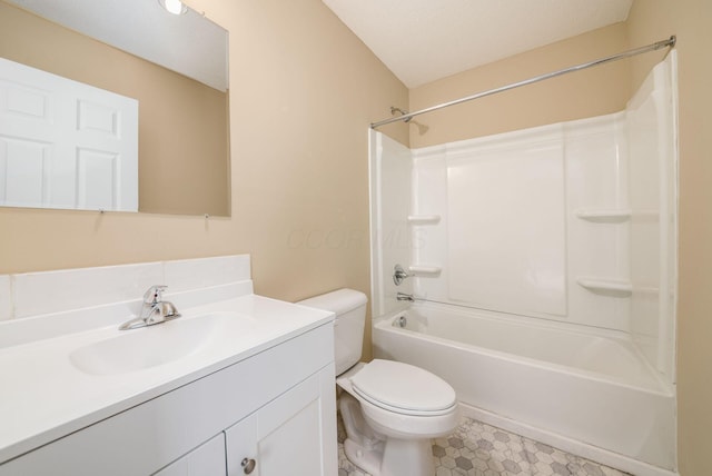 full bathroom with toilet, shower / washtub combination, a textured ceiling, and vanity