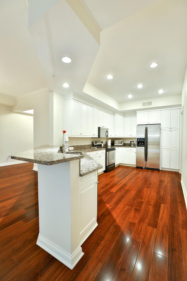 kitchen with stone countertops, a peninsula, dark wood-type flooring, a sink, and appliances with stainless steel finishes