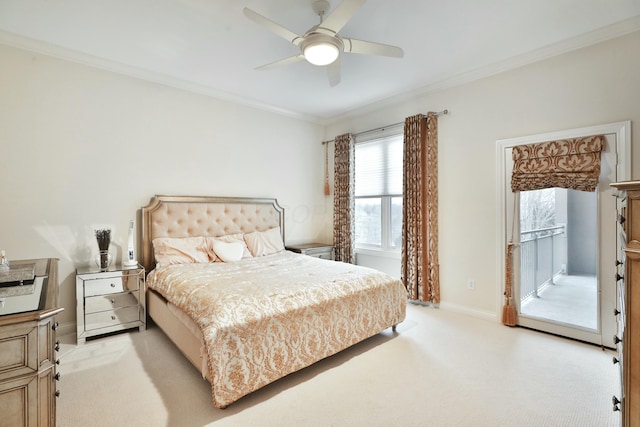 bedroom featuring light carpet, baseboards, ceiling fan, access to exterior, and crown molding