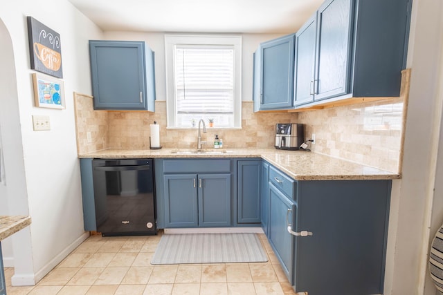 kitchen with backsplash, dishwasher, blue cabinetry, and a sink