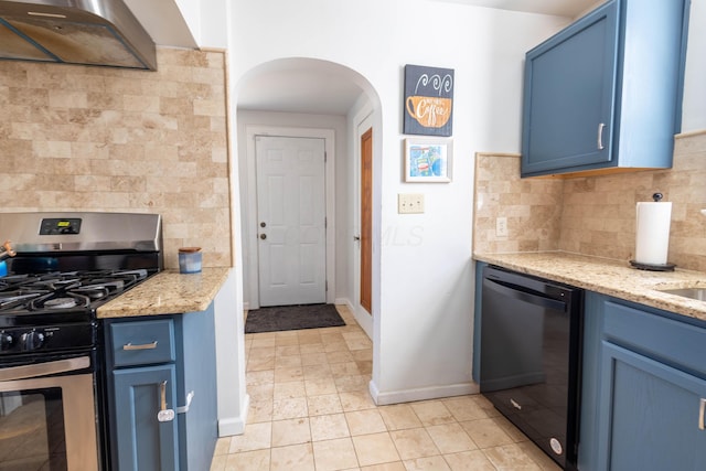 kitchen with stainless steel range with gas cooktop, blue cabinetry, backsplash, dishwasher, and wall chimney exhaust hood