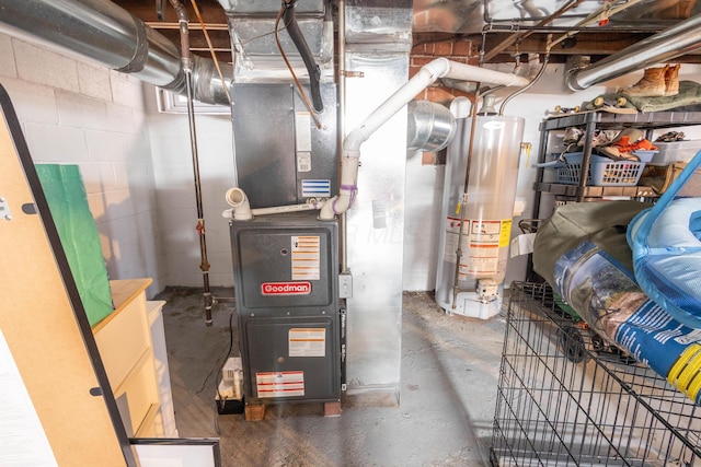 utility room with gas water heater and heating unit