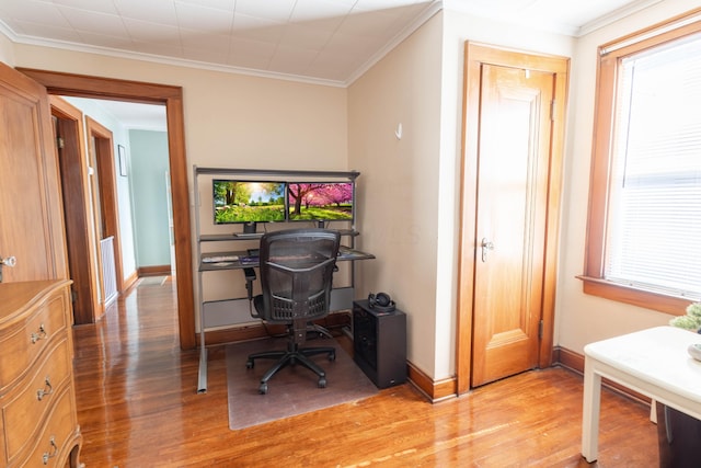 office area featuring a wealth of natural light, light wood-style flooring, and crown molding