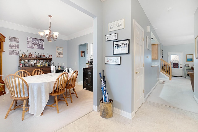 dining area featuring light carpet, baseboards, stairway, an inviting chandelier, and crown molding