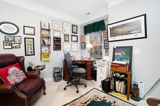 home office featuring baseboards, visible vents, ornamental molding, and carpet flooring