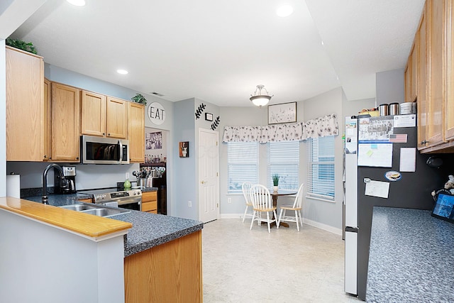 kitchen featuring recessed lighting, a peninsula, baseboards, appliances with stainless steel finishes, and dark countertops