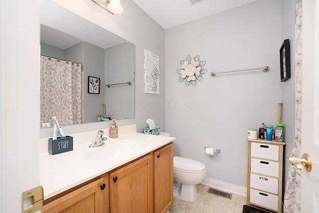 bathroom featuring tile patterned flooring, toilet, vanity, visible vents, and baseboards