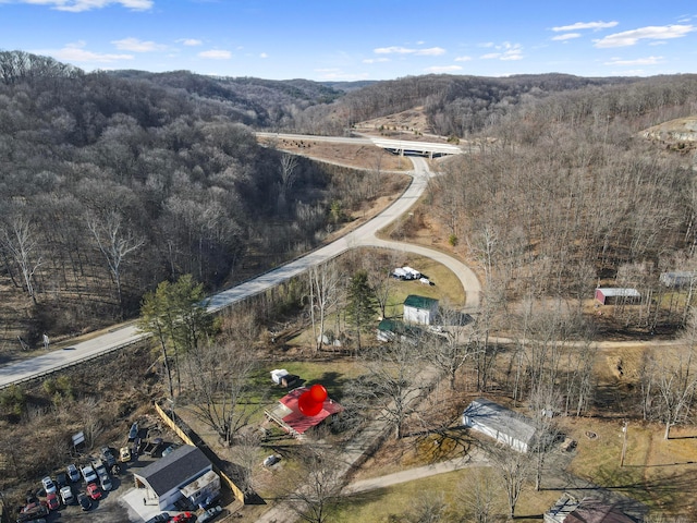 birds eye view of property with a forest view and a mountain view