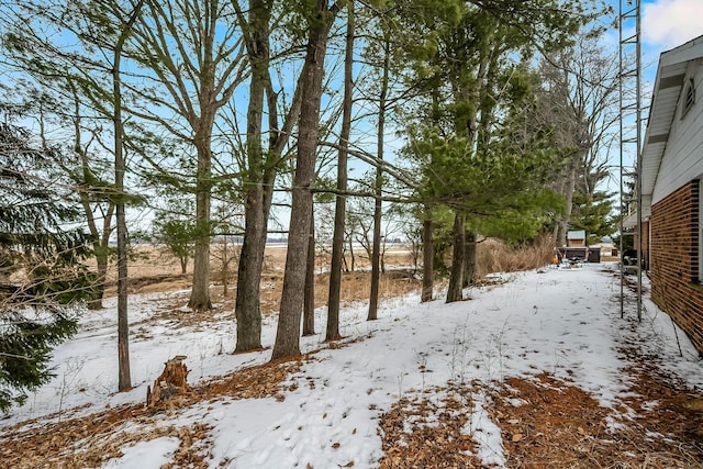 snowy yard with a garage