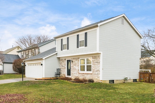 view of front of home featuring a garage, driveway, brick siding, and a front yard