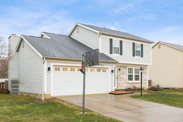 view of front of property featuring brick siding, a chimney, a shingled roof, an attached garage, and driveway