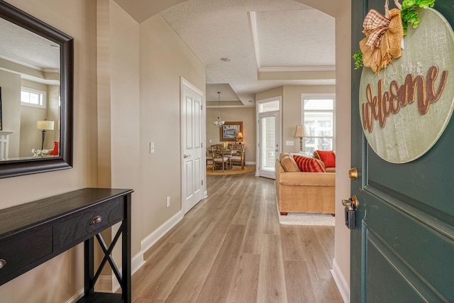 entryway featuring a wealth of natural light, a tray ceiling, light wood-style flooring, and baseboards