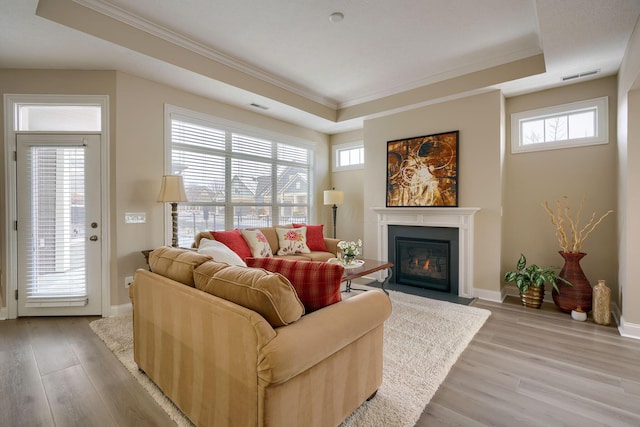 living area with a tray ceiling, visible vents, and light wood finished floors