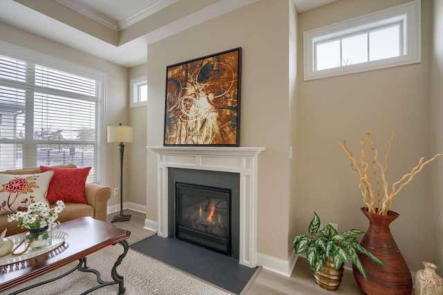 living area with crown molding, a glass covered fireplace, light wood-style floors, and plenty of natural light